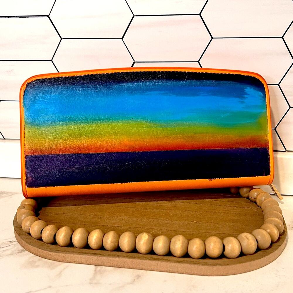 Hand-Painted Rainbow Wallet Zip Around Organizer Colorful Art Purse